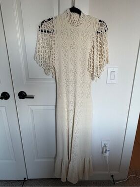 Hunter Bell Cream Knit Maxi Dress with Crochet Sleeves
